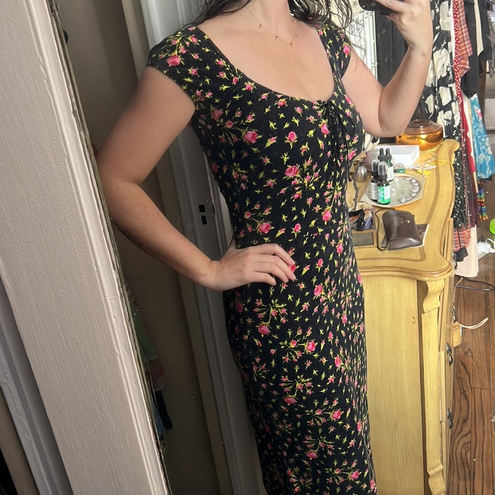 VINTAGE BETSEY JOHNSON COTTON BODYCON ROSES MILKMAID MIDI DRESS - Picture 10 of 11